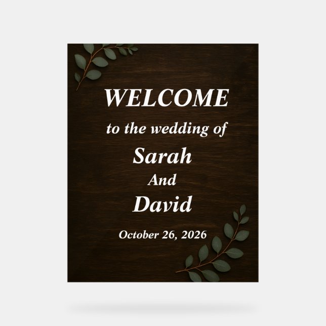 Rustic Wood Wedding Welcome Sign with Eucalyptus L Acrylschild (Vorderseite)