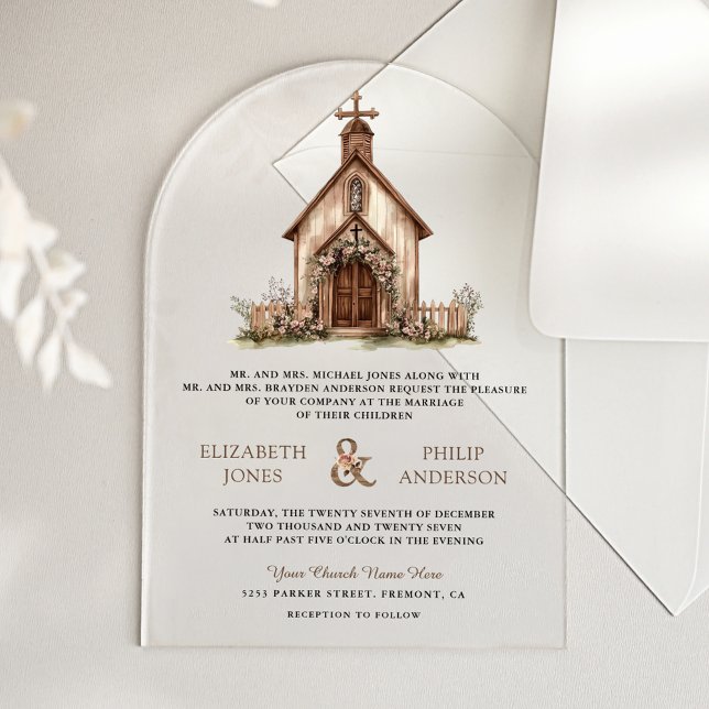 Rustic Wood Western Chapel Wedding Acryleinladungen (Von Creator hochgeladen)