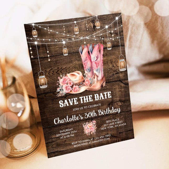 Rustic Wood Western Save the Date Cowgirl Birthday Einladung (Von Creator hochgeladen)