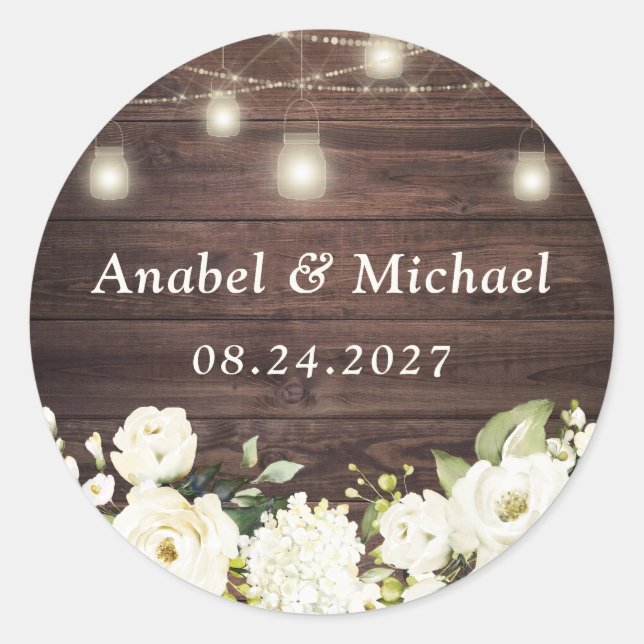 Rustic Wood White Blume Mason Jar Sticker (Vorderseite)
