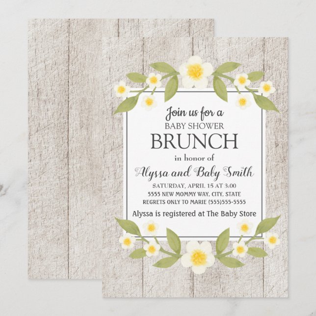 Rustic Wood White Floral Baby Dusche Brunch Einladung (Vorne/Hinten)
