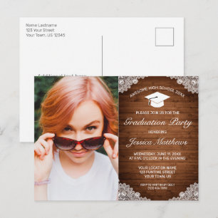 Rustic Wood White Lace Abschluss Foto Einladung Postkarte