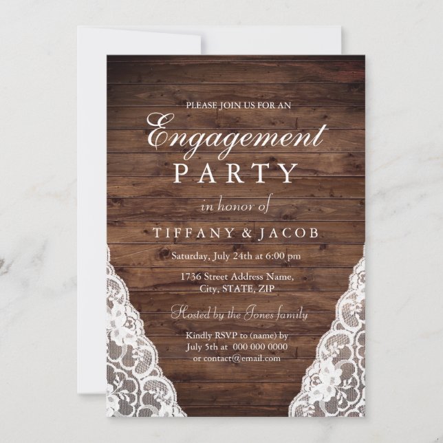 Rustic Wood White Lace Engagement Invitation (Devant)