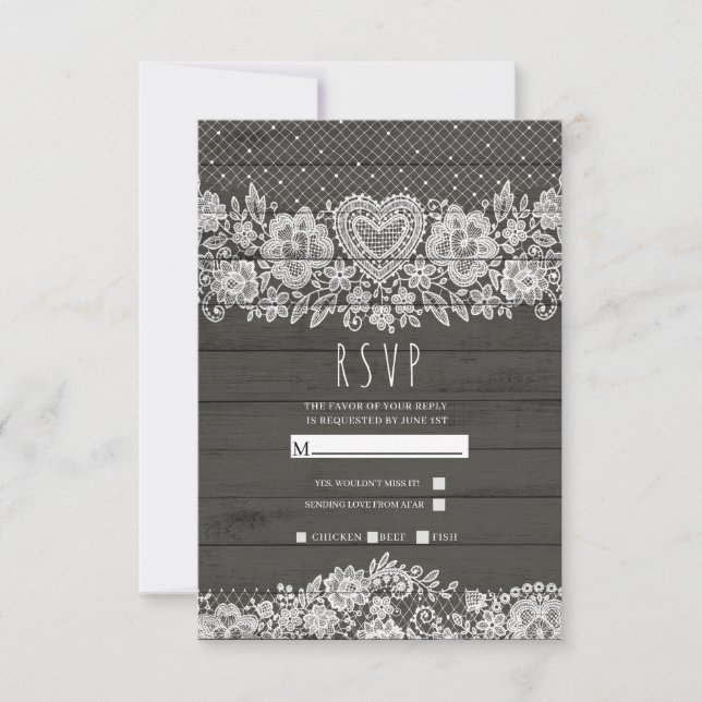 Rustic Wood White Lace Farmhouse Barn Wedding RSVP (Vorderseite)