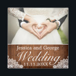 Rustic Wood & White Lace Wedding Photo Magnet<br><div class="desc">Wedding photo fridge magnet. Rustic style with wood planks background and white lace decor. More items are available in this style in our store. You can edit the design further,  change colors,  fonts and add extra text by clicking "customize further" link.</div>