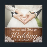 Rustic Wood & White Lace Wedding Photo Magnet<br><div class="desc">Wedding photo fridge magnet. Rustic style with wood planks background and white lace decor. More items are available in this style in our store. You can edit the design further,  change colors,  fonts and add extra text by clicking "customize further" link.</div>