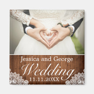 Rustic Wood & White Lace Wedding Photo Magnet