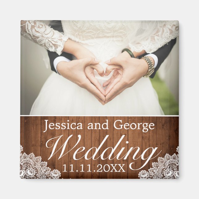Rustic Wood & White Lace Wedding Photo Magnet (Vorne)