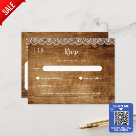 Rustic Wood White Lace Wedding RSVP - Matching Set Postkarte