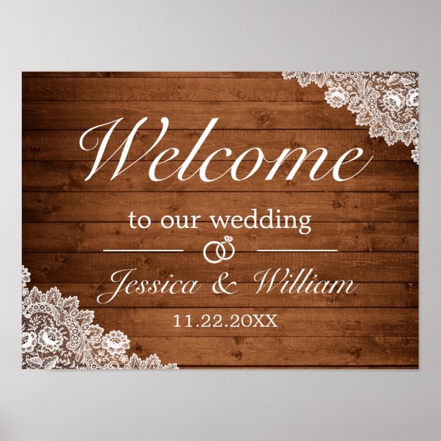 Rustic Wood & White Lace Wedding Welcome Sign Poster (Vorne)