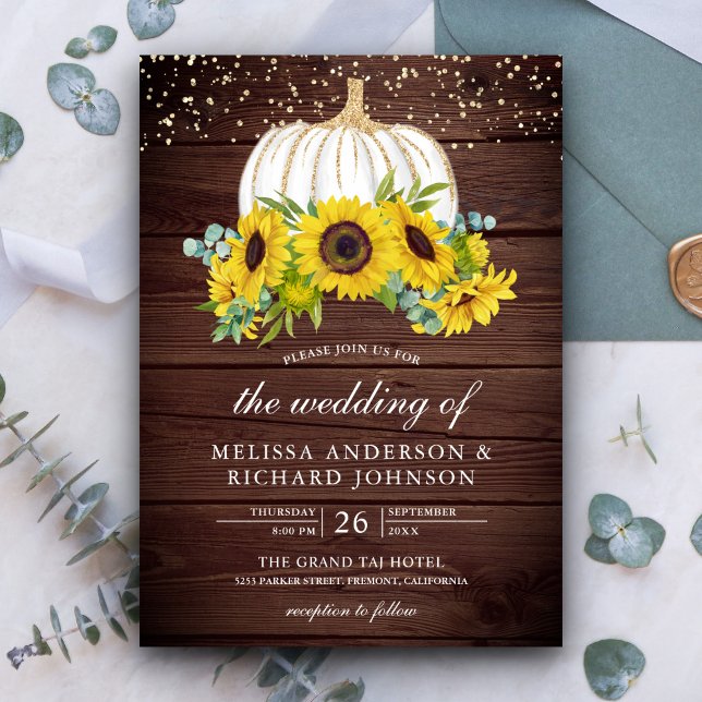 Rustic Wood White Pumpkin Sonnenblumen Hochzeit im Einladung (Von Creator hochgeladen)