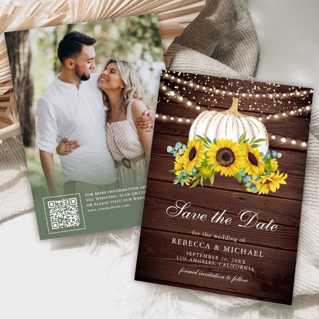 Rustic Wood White Pumpkin Sonnenblumen Hochzeitsst Save The Date (Von Creator hochgeladen)