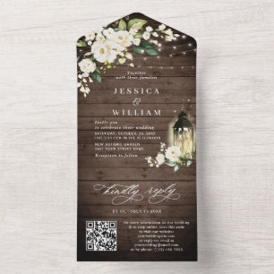 Rustic Wood White Roses Wedding QR Code All In One Einladung