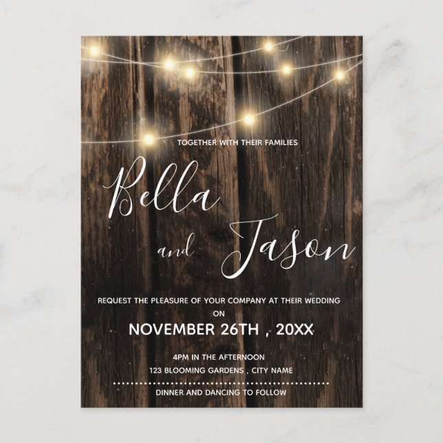 Rustic Wood With String Lights Wedding Invitation Einladungspostkarte (Vorderseite)