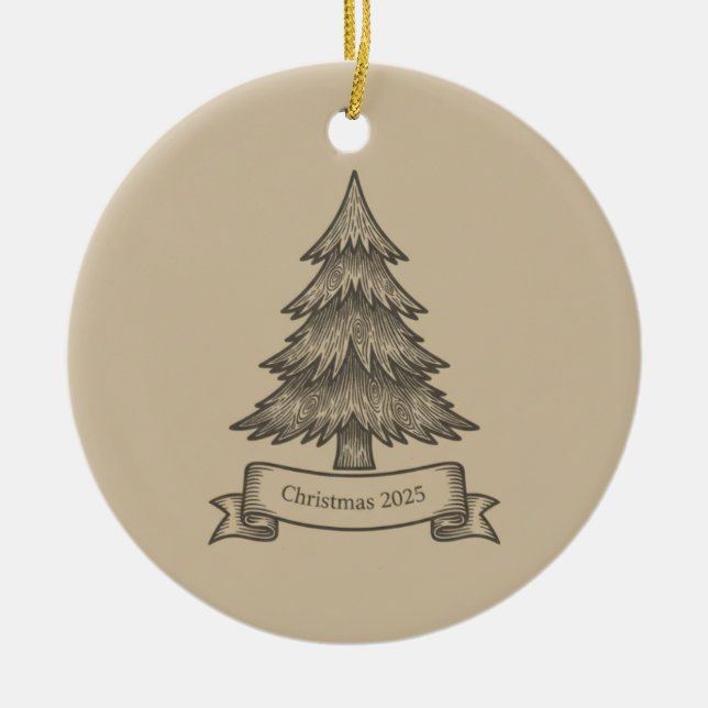 Rustic Wooden Tree Illustration Christmas Decor Keramik Ornament (Vorne)