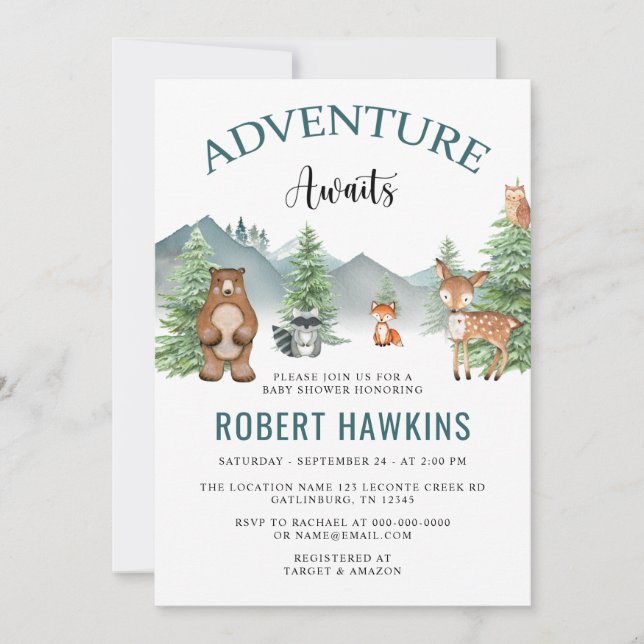 Rustic Woodland Adventure erwartet Baby Shower Einladung (Vorderseite)