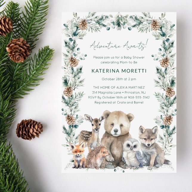 Rustic Woodland Adventure erwartet Baby Shower Einladung (This gender neutral Adventure Awaits woodland baby shower invitation features winter greenery)
