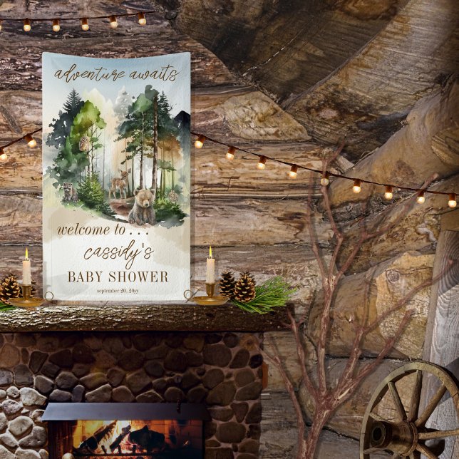 Rustic Woodland Adventure erwartet Boy Baby Shower Banner ("adventure awaits" with this rustic woodland bear and forest animals boy baby shower design.)