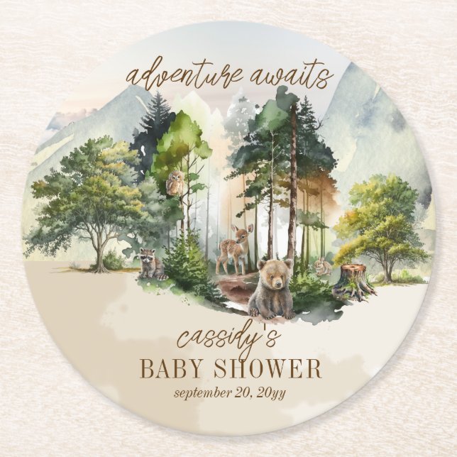 Rustic Woodland Adventure erwartet Boy Baby Shower Runder Pappuntersetzer (Vorderseite)