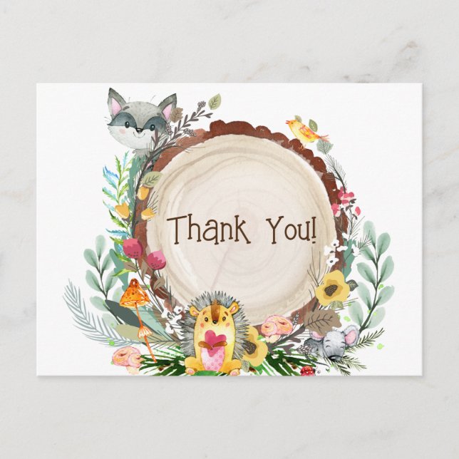 Rustic Woodland Animals Baby Shower Greenerie Dank Postkarte (Vorderseite)