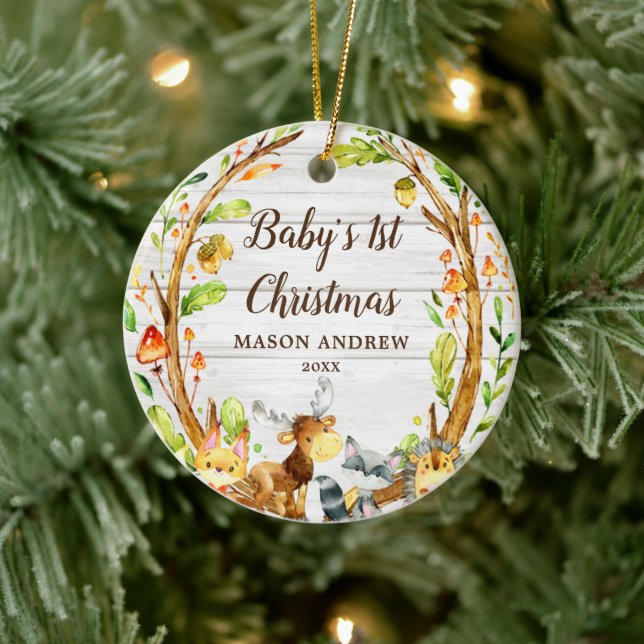 Rustic Woodland Animals Baby's First Christmas Keramik Ornament (Baum)