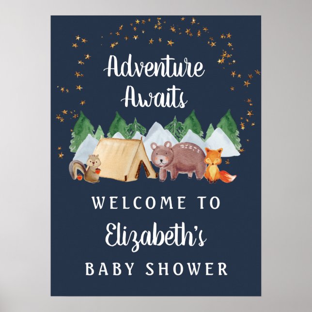 Rustic Woodland Animals Night Baby Shower Welcome Poster (Vorne)