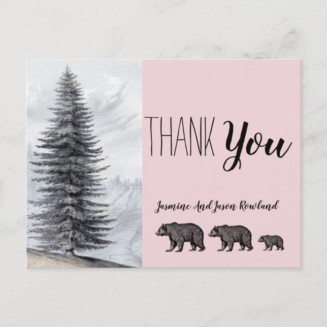 Rustic Woodland Bears Pink Baby Dusche Vielen Dank Postkarte (Vorderseite)