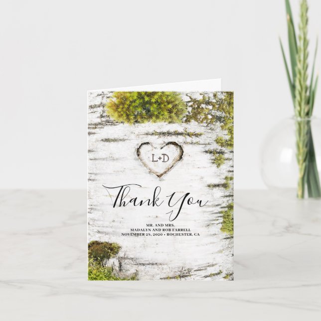 Rustic Woodland Birch Heart Wedding Vielen Dank Dankeskarte (Vorderseite)