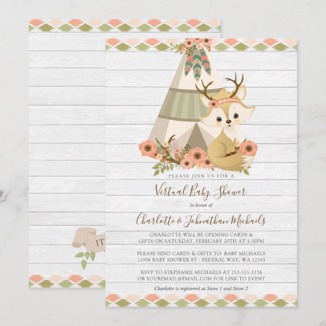 Rustic Woodland Boho Virtual Baby Dusche Einladung (Vorne/Hinten)