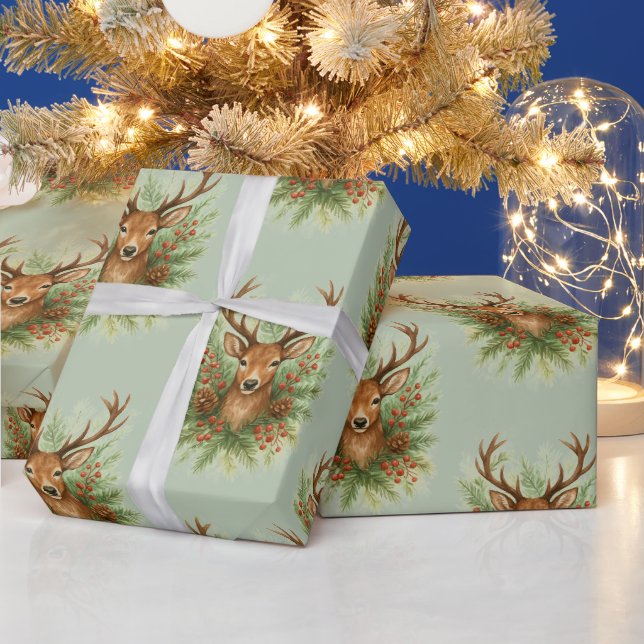Rustic Woodland Deer Head with Winter Foliage -  Geschenkpapier (Feiertage)