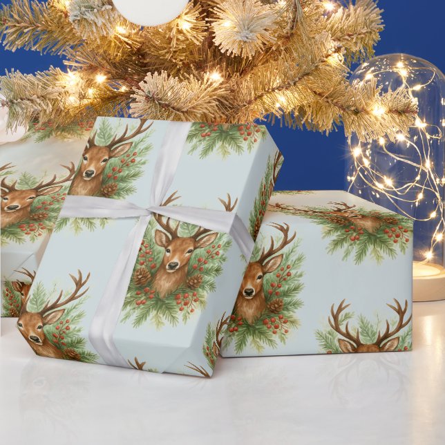 Rustic Woodland Deer Head with Winter Foliage -  Geschenkpapier (Feiertage)
