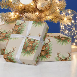 Rustic Woodland Deer Head with Winter Foliage - Geschenkpapier