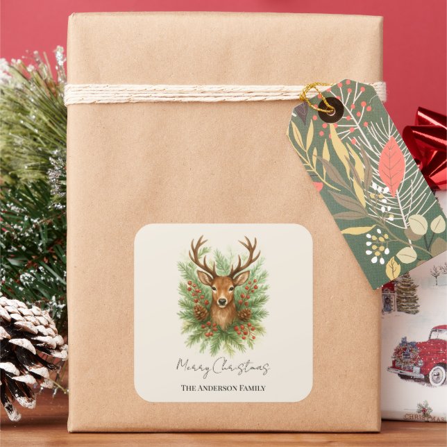 Rustic Woodland Deer Head with Winter Foliage -  Quadratischer Aufkleber (Feiertag)