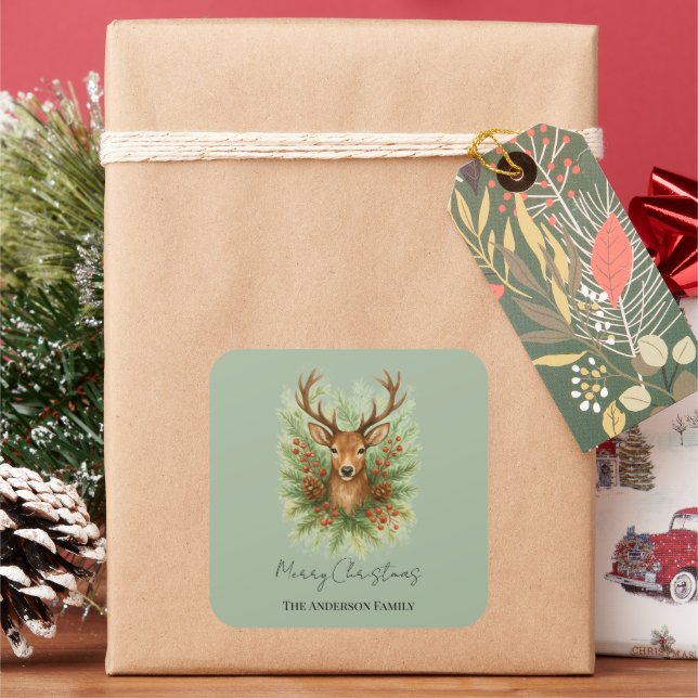 Rustic Woodland Deer Head with Winter Foliage -  Quadratischer Aufkleber (Feiertag)