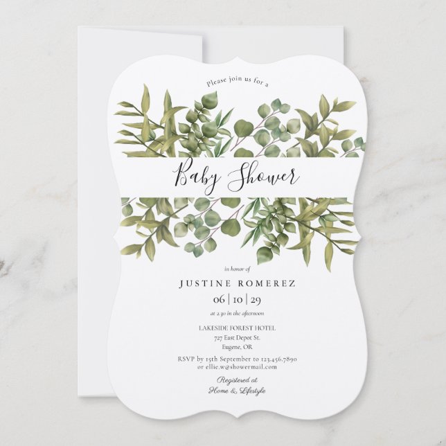 Rustic Woodland Eucalyptus Greenery Baby Shower Einladung (Vorderseite)