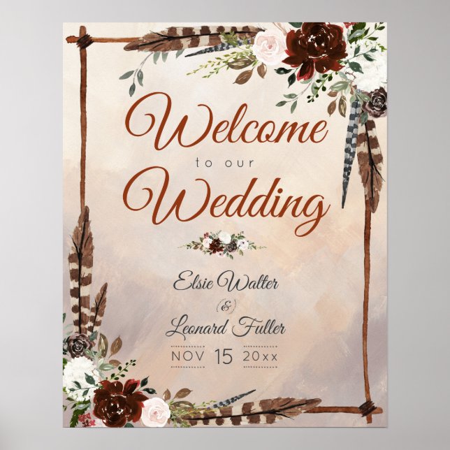 Rustic Woodland Feathers and Floral Bloom Poster (Vorne)