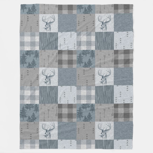 Rustic Woodland Patchwork Fleece Blanket - Blau (Vorderseite)