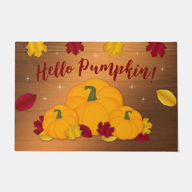 Rustic Woodsy Hello Pumpkin Herbstlaubs Fußmatte (Vorderseite)