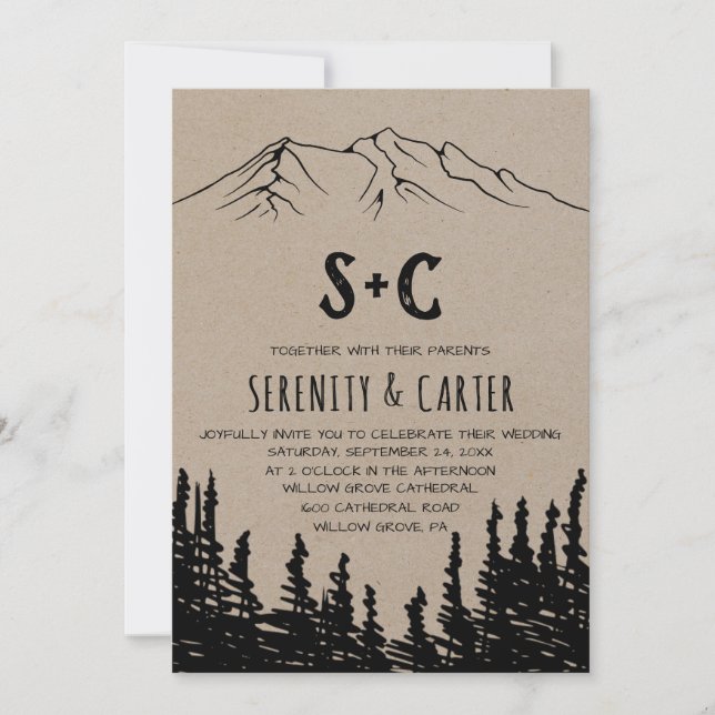 Rustic Woodsy Mountain Monogram Wedding Einladung (Vorderseite)