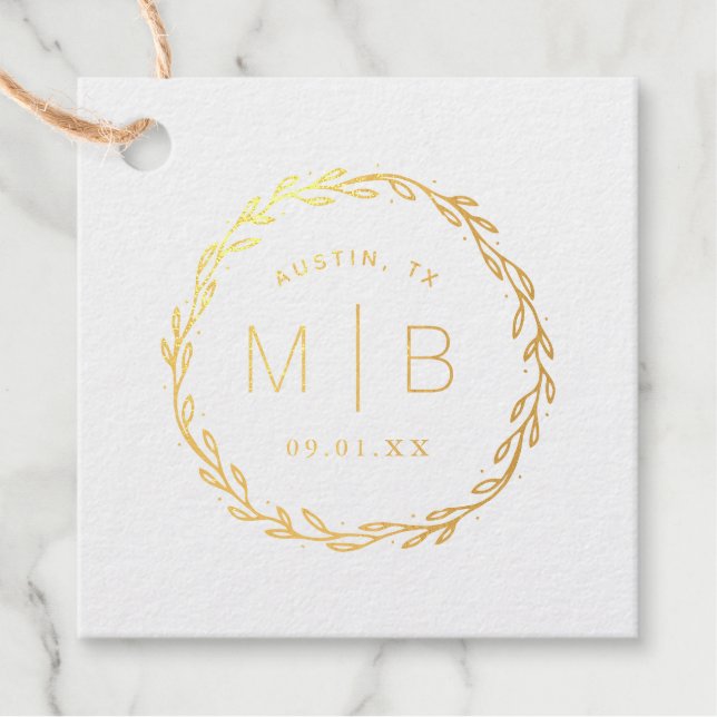 Rustic Wreath Wedding Monogram Real Gold Foil Geschenkanhänger (Vorderseite)