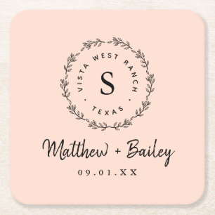 Rustic Wreath Wedge Monogram Blüte Rechteckiger Pappuntersetzer