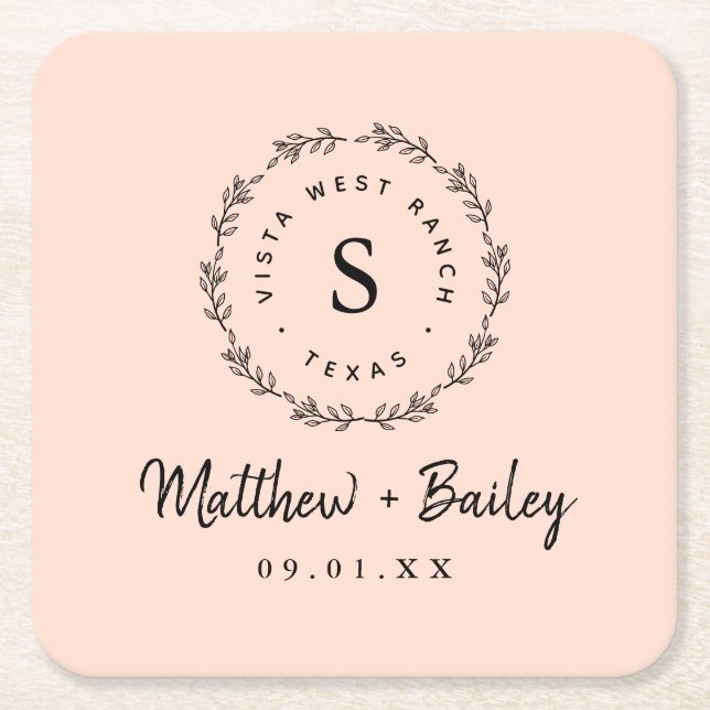 Rustic Wreath Wedge Monogram | Blüte Rechteckiger Pappuntersetzer (Vorderseite)