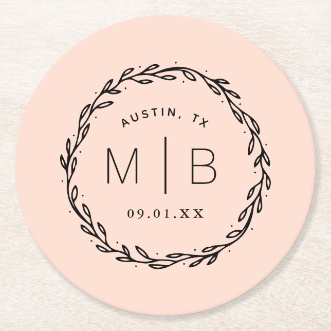 Rustic Wreath Wedge Monogram | Blüte Runder Pappuntersetzer (Vorderseite)