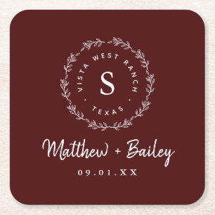 Rustic Wreath Wedge Monogram   Burgund Rechteckiger Pappuntersetzer