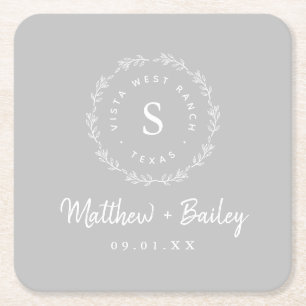 Rustic Wreath Wedge Monogram   Grau Rechteckiger Pappuntersetzer