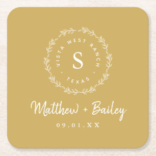 Rustic Wreath Wedge Monogram Senf Yellow Rechteckiger Pappuntersetzer