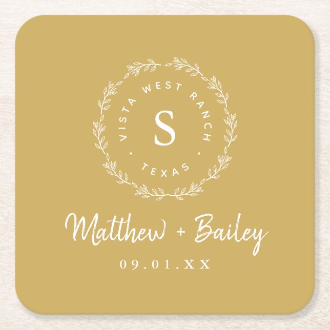Rustic Wreath Wedge Monogram | Senf Yellow Rechteckiger Pappuntersetzer (Vorderseite)