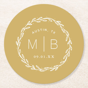 Rustic Wreath Wedge Monogram   Senf Yellow Runder Pappuntersetzer