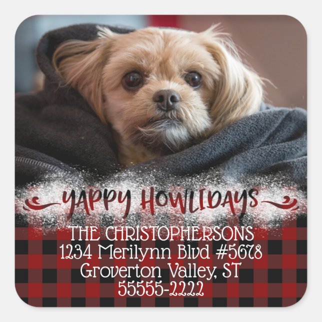 Rustic YAPPY HOLIDAYS Hunde Foto Rücksendeadresse Quadratischer Aufkleber (Vorderseite)