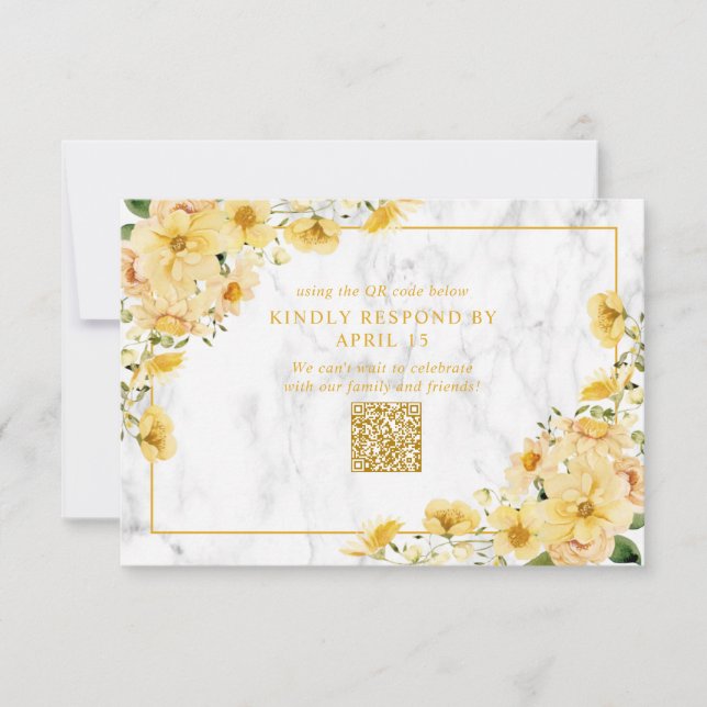 Rustic Yellow Floral Marble QR Code Wedding RSVP Karte (Vorderseite)